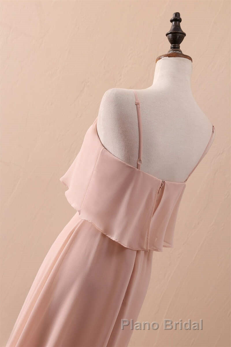 Blush Pink Spaghetti Strap Ruffled Long Bridesmaid Dresses