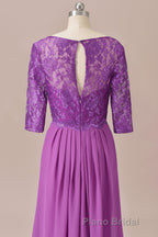 Purple Lace Round Neck Keyhole Back Long Mother of the Bride Dresses
