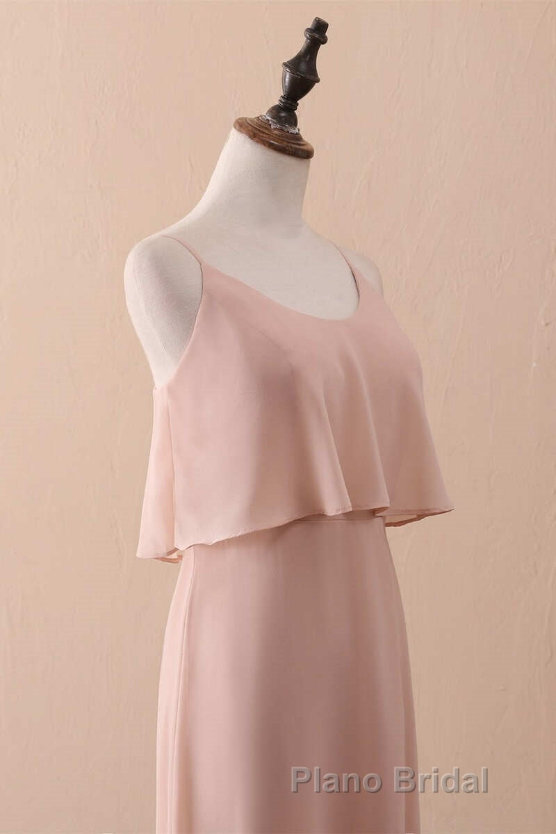 Blush Pink Spaghetti Strap Ruffled Long Bridesmaid Dresses