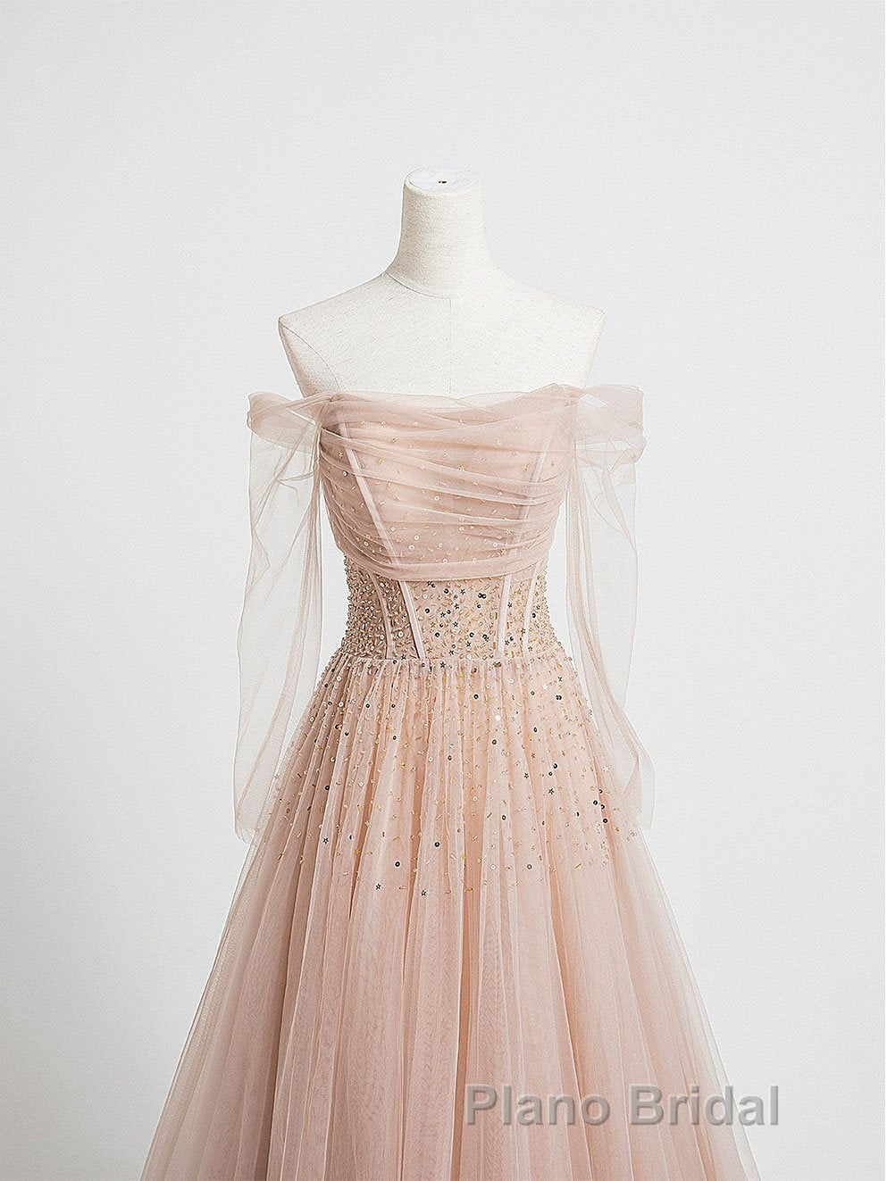 Champagne Pink Tulle Beads Long Formal Prom Dresses, Champagne Evening Dresses