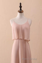 Blush Pink Spaghetti Strap Ruffled Long Bridesmaid Dresses