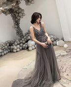 Gray V Neck Tulle Beads Long Prom Dress Gray Tulle Evening Dress