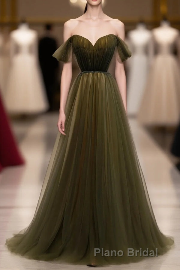 Simple Sweetheart Tulle Off Shoulder Long Formal Prom Dresses, Tulle Prom Dresses Main image