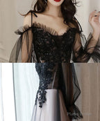 Black Tulle A Line Lace Long Prom Dress, Tulle Lace Formal Dress