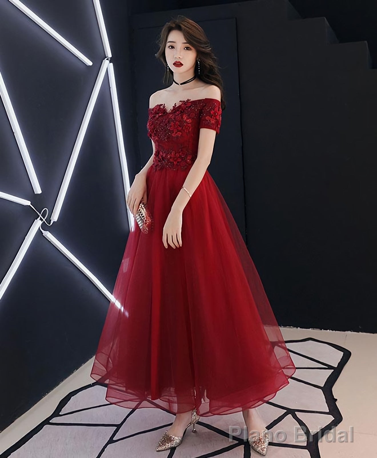Burgundy Tulle Lace Prom Dress Burgundy Tulle Evening Dress Main image