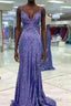 Tight Purple Sequined Long Formal Prom Dresses with Slit