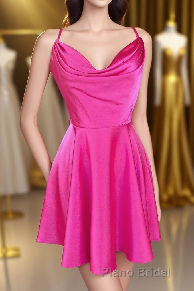 Neon Pink Cowl Neck A-Line Homecoming Dresses Main image