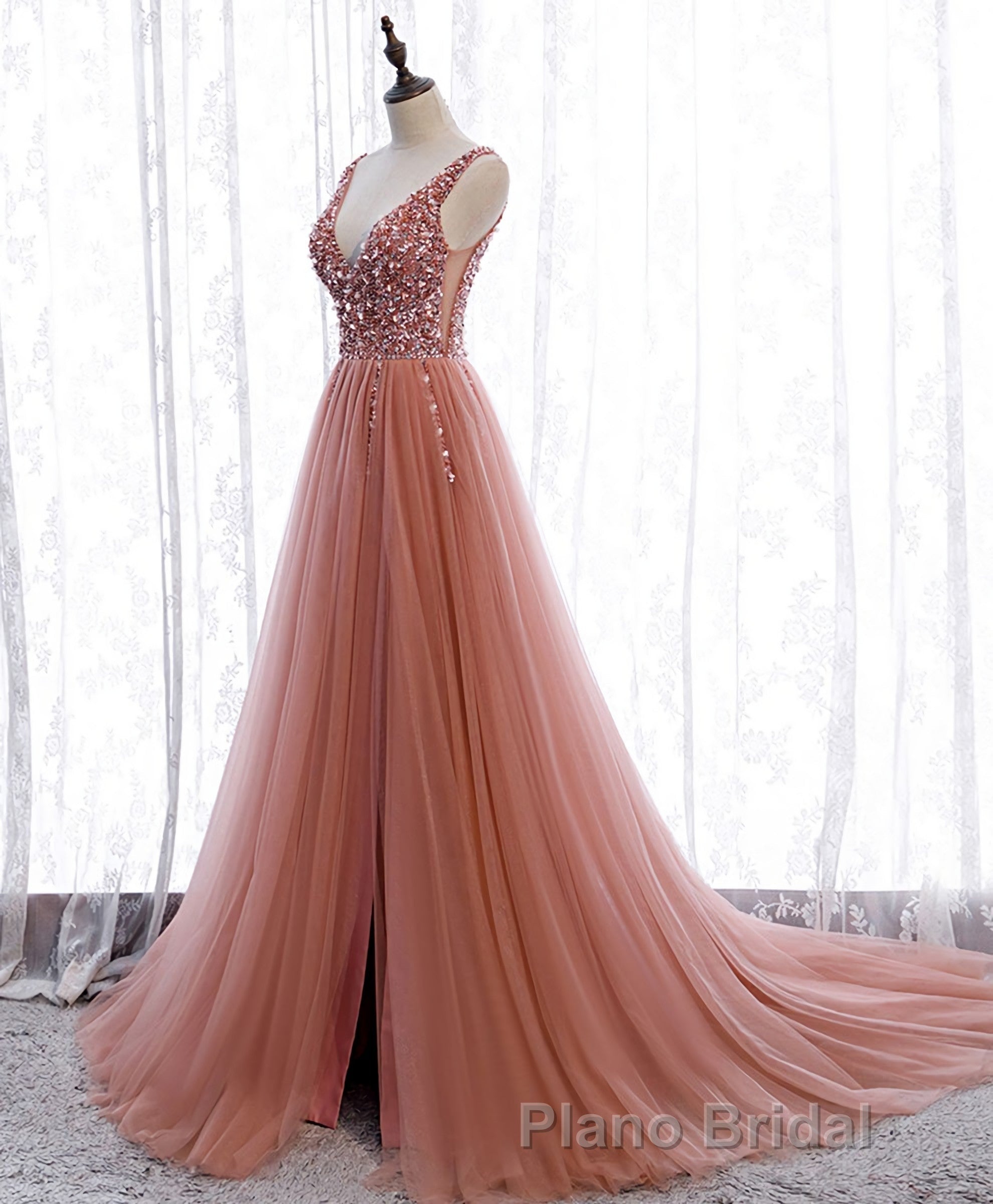 Pink V Neck Tulle Sequin Long Formal Prom Dresses, Pink Prom Dresses Secondary image