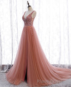 Pink V Neck Tulle Sequin Long Formal Prom Dresses, Pink Prom Dresses