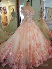 Sweet 16 Dresses Pink Lace Floral Prom Dresses Ball Gown Off The Shoulder Elegant Beaded Luxury Prom Gown