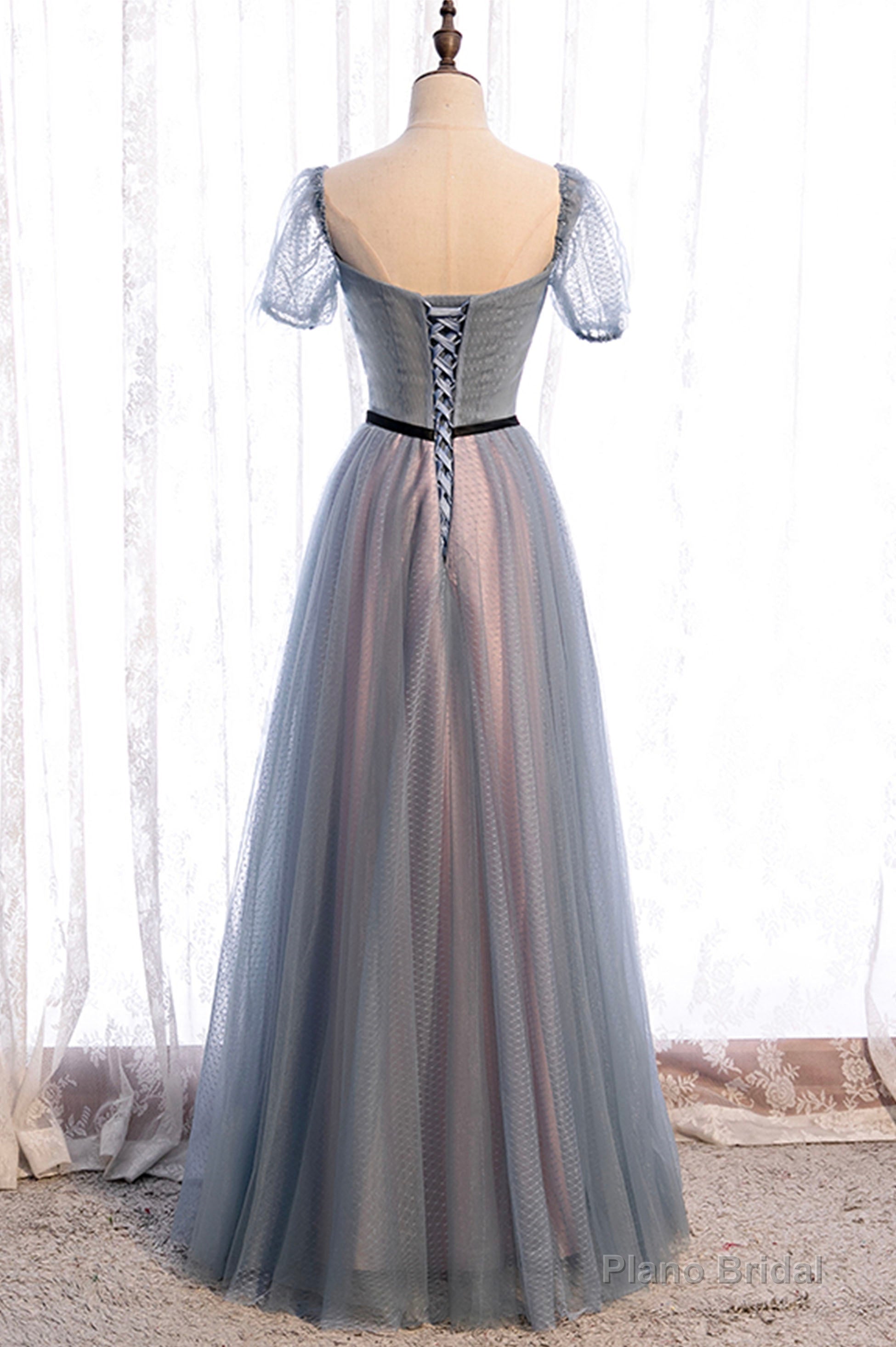 Gray Blue Tulle Long A-Line Prom Dress, Cute Short Sleeve Evening Dress Main image