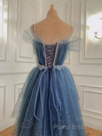 Gray Blue Tulle Beads Long Formal Prom Dresses, Blue Tulle Prom Dresses