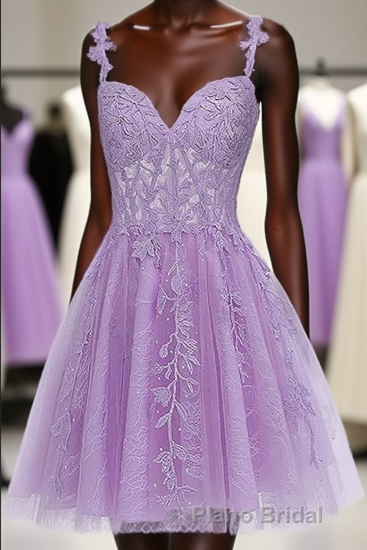 Lavender Tulle Lace Applique Homecoming Dresses, Floral Tulle Short Formal Prom Dresses Main image