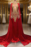 Mermaid Formal Prom Dresses with Red Scoop Neckline and Beadings Cape