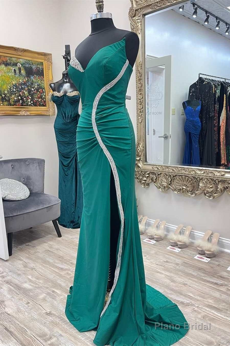Asymmetrical Green Beaded Mermaid Long Prom Dress with Slit