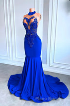 Royal Blue High Neck Sleeveless Mermaid Formal Prom Dress with Beadings