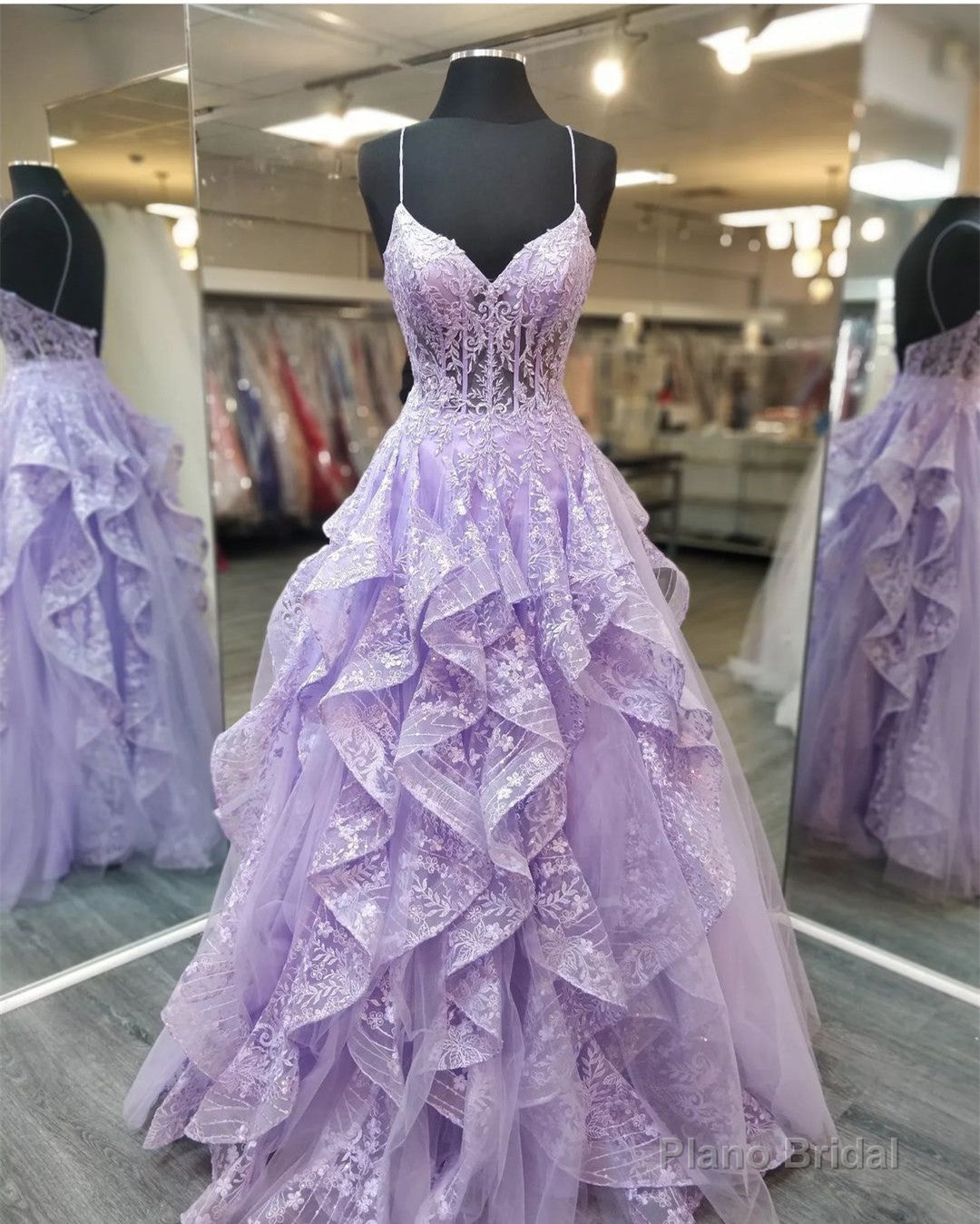 Spaghetti Staps Lilac Prom Dresses Evening Gowns with Sheer Bodice Main image