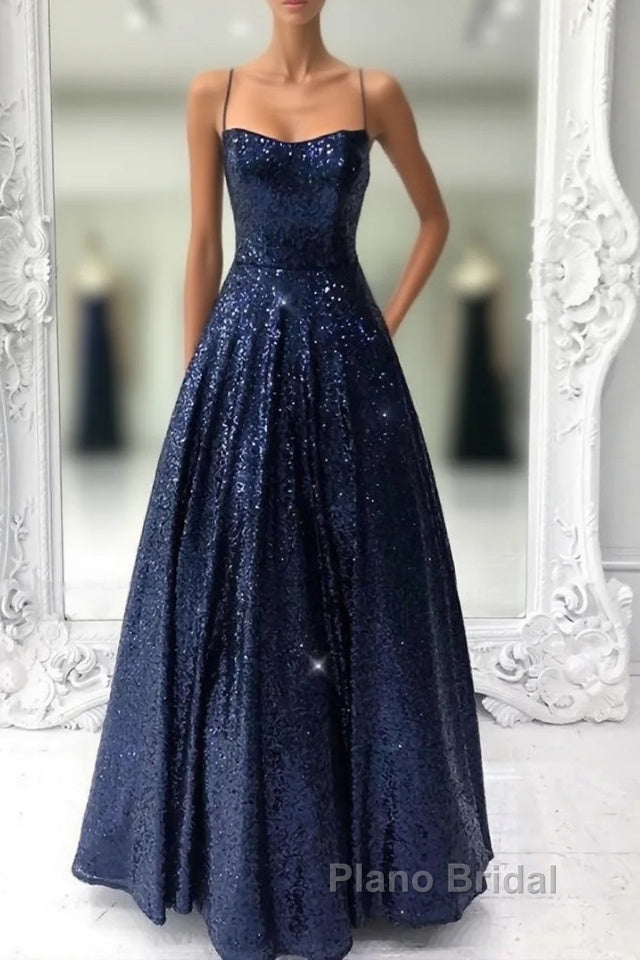 Long Navy Blue Sequin Formal Prom Dresses Main image