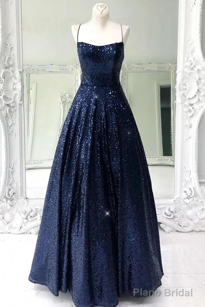 Stunning Sleeveless A Line Navy Blue Sequin Prom Dresses Main image