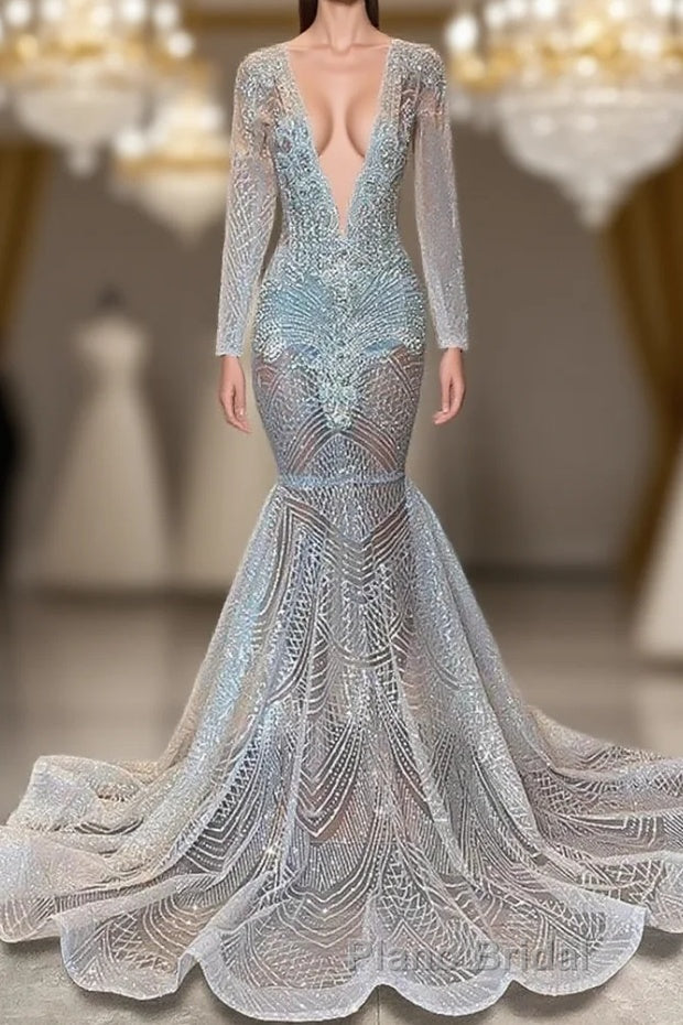Mermaid Formal Prom Dress with Deep V-Neck Long Sleeves Beadings
