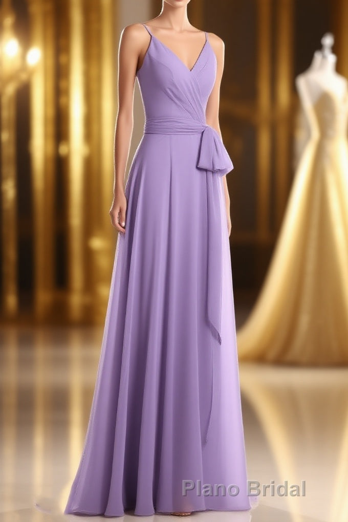 Lavender Spaghetti Straps Tie-Side Long Prom Dresses
