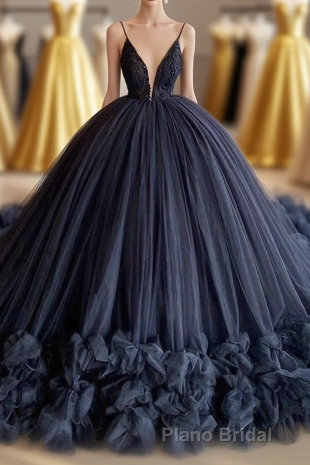 spaghetti straps beading bodice tulle ball gown evening Dresses with handmade flowers Main image