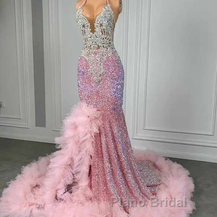 Pink Halter Mermaid Formal Prom Dress with Sequins Beadings and Tulle Ruffle