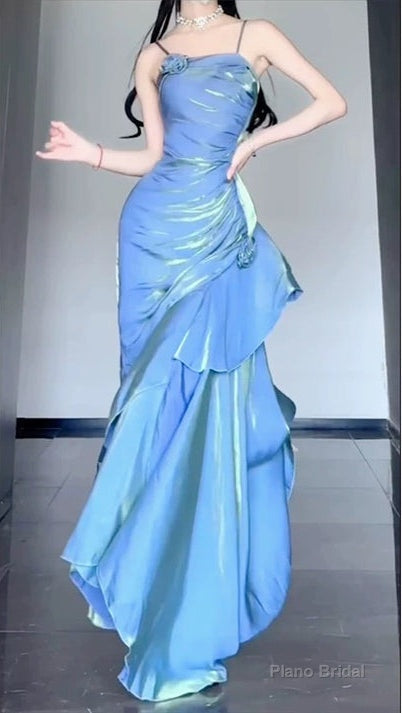 Blue Satin Long Straps Prom Dress Wine Red A-line Party Dress Main image