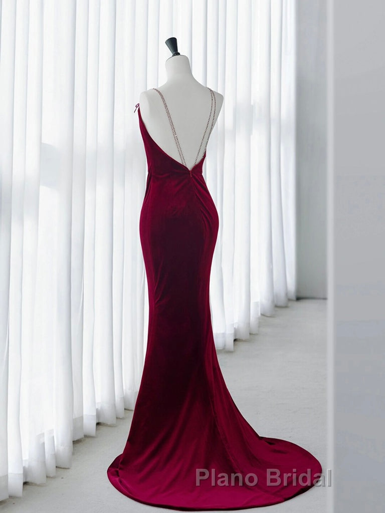 Simple Velvet Mermaid Burgundy Long Formal Prom Dress, Burgundy Long Formal Dress Secondary image