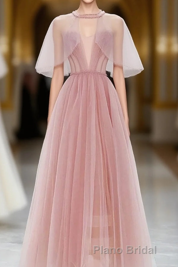Pink Tulle Tea Length Formal Prom Dresses, Pink Tulle Prom Dresses Main image