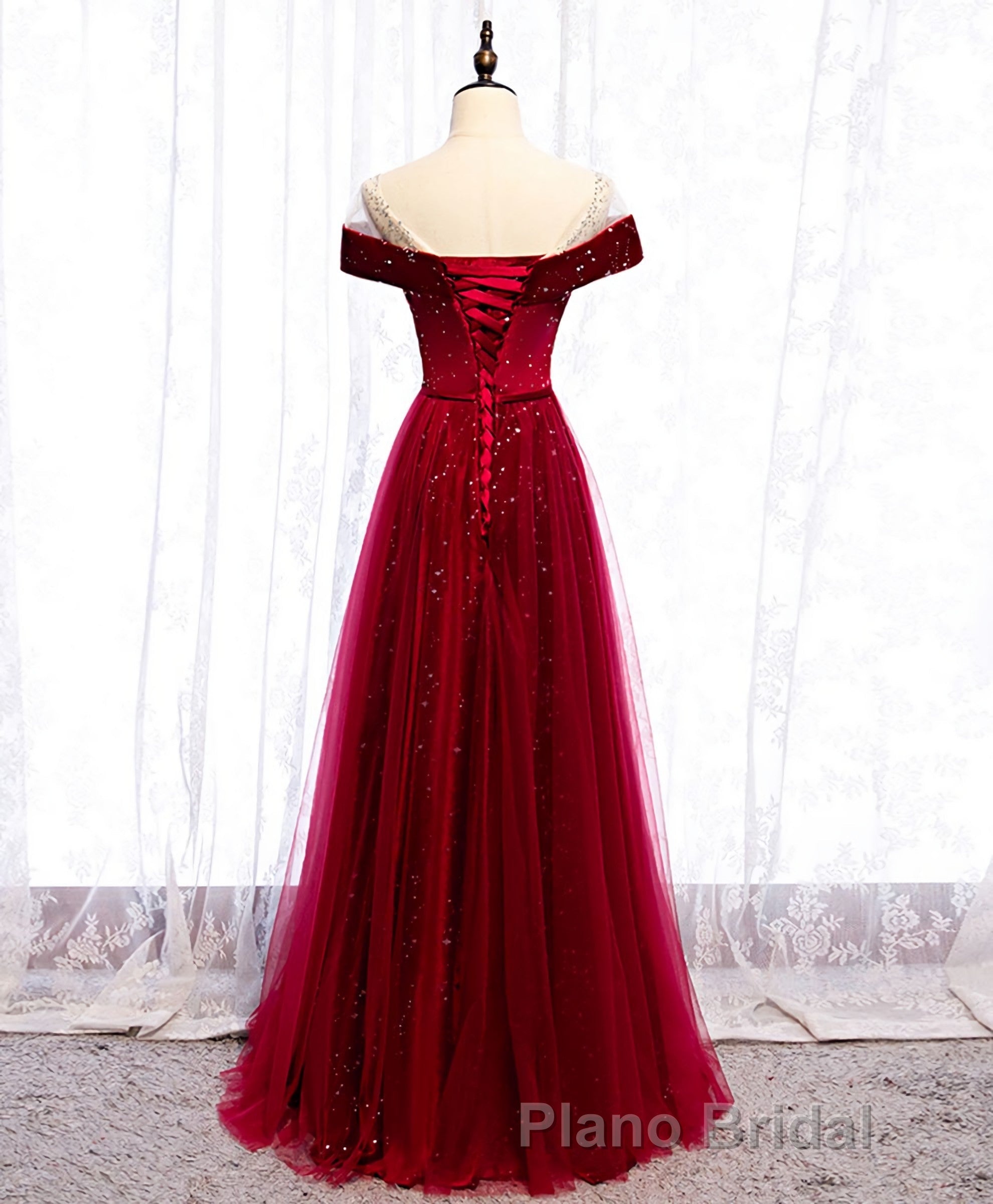 Burgundy Round Neck Tulle Sequin Long Formal Prom Dresses, Tulle Prom Dresses Secondary image