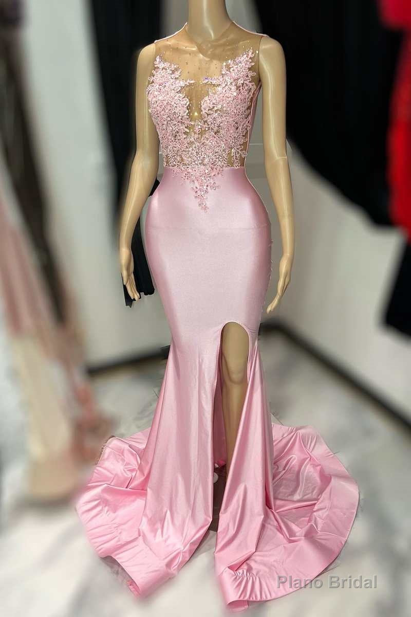 Pink Lace Satin Mermaid Long Prom Dress with Slit Main image