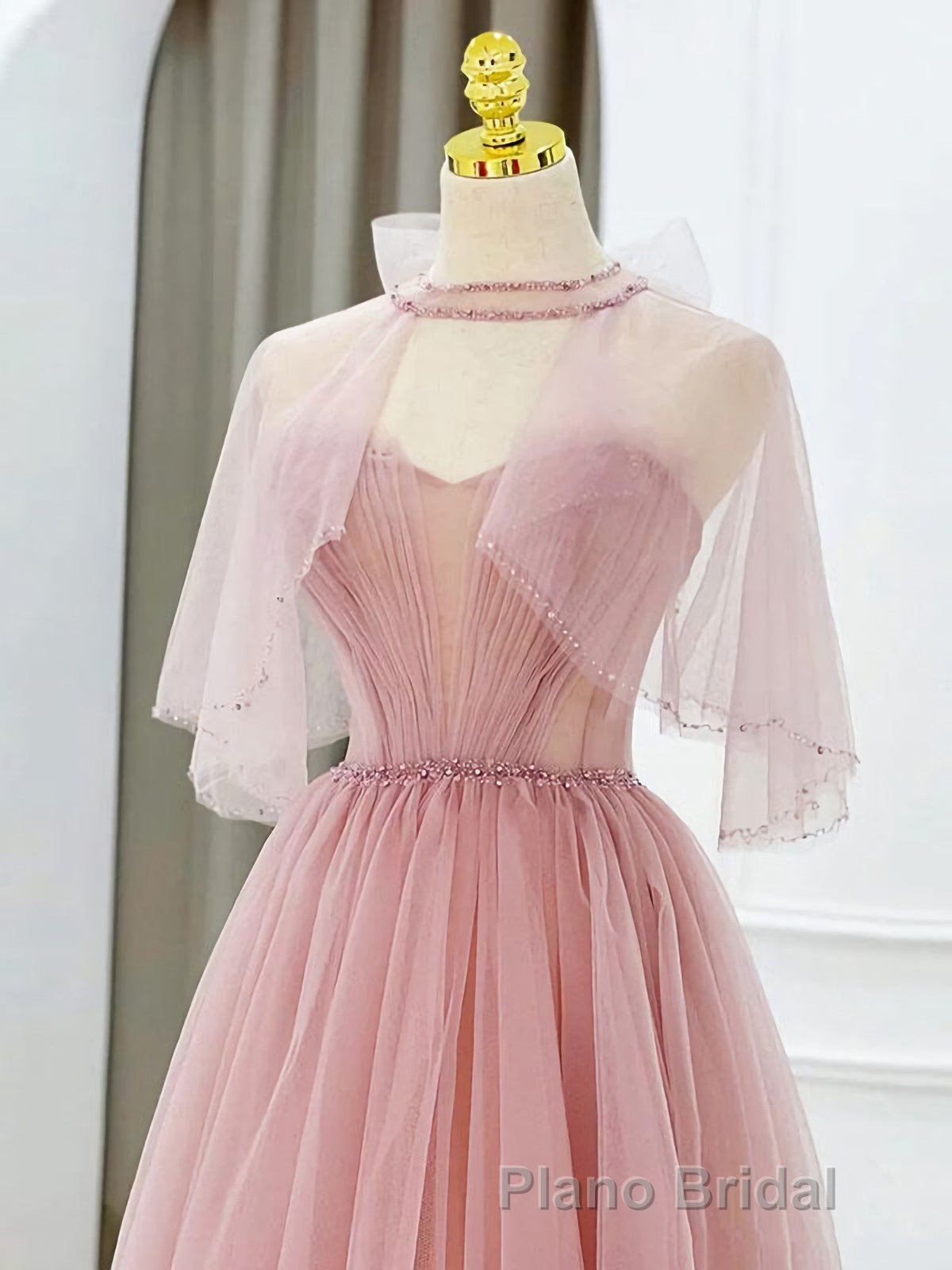 Pink Tulle Tea Length Formal Prom Dresses, Pink Tulle Prom Dresses