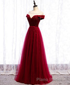 Burgundy Round Neck Tulle Sequin Long Formal Prom Dresses, Tulle Prom Dresses