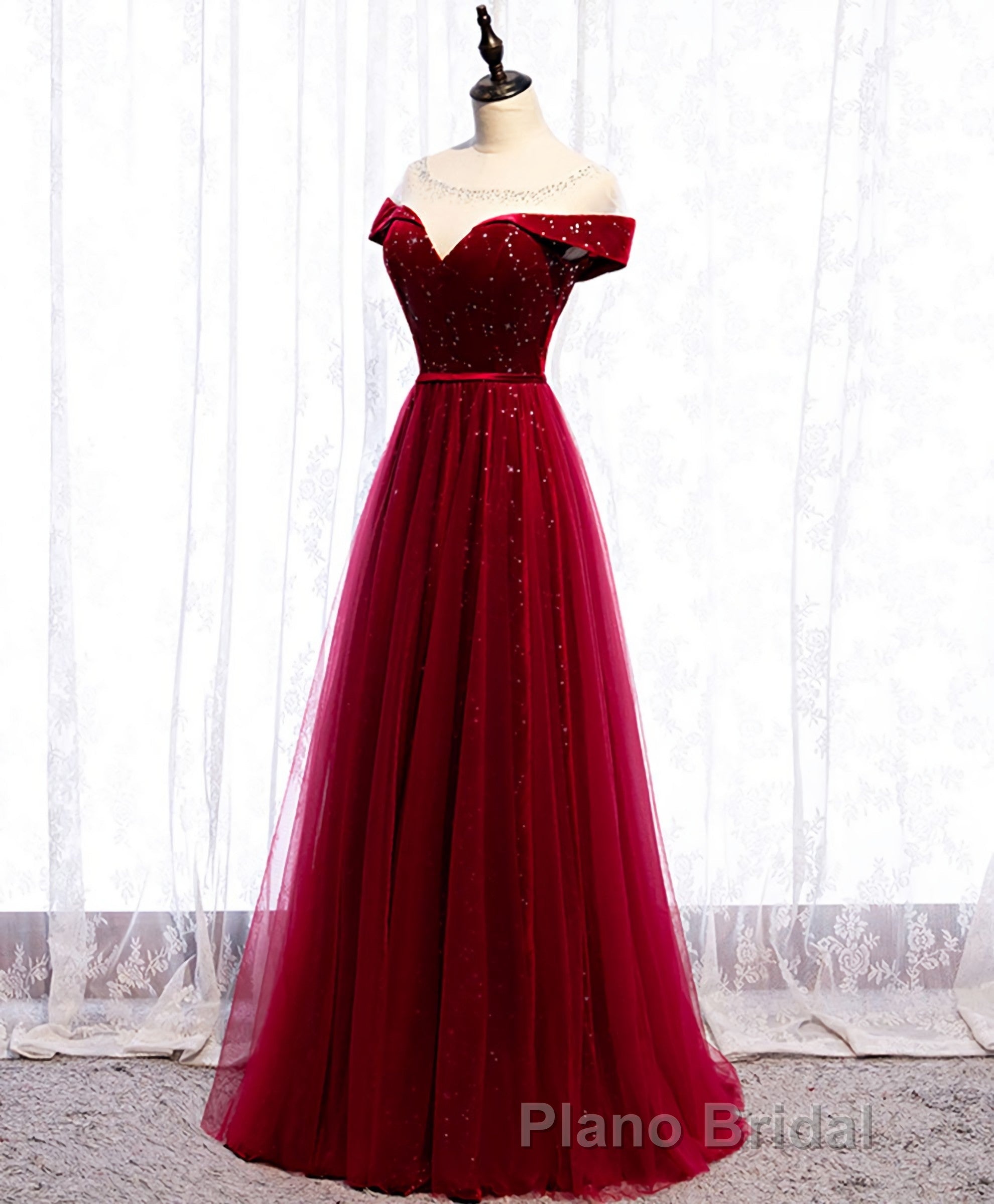 Burgundy Round Neck Tulle Sequin Long Formal Prom Dresses, Tulle Prom Dresses