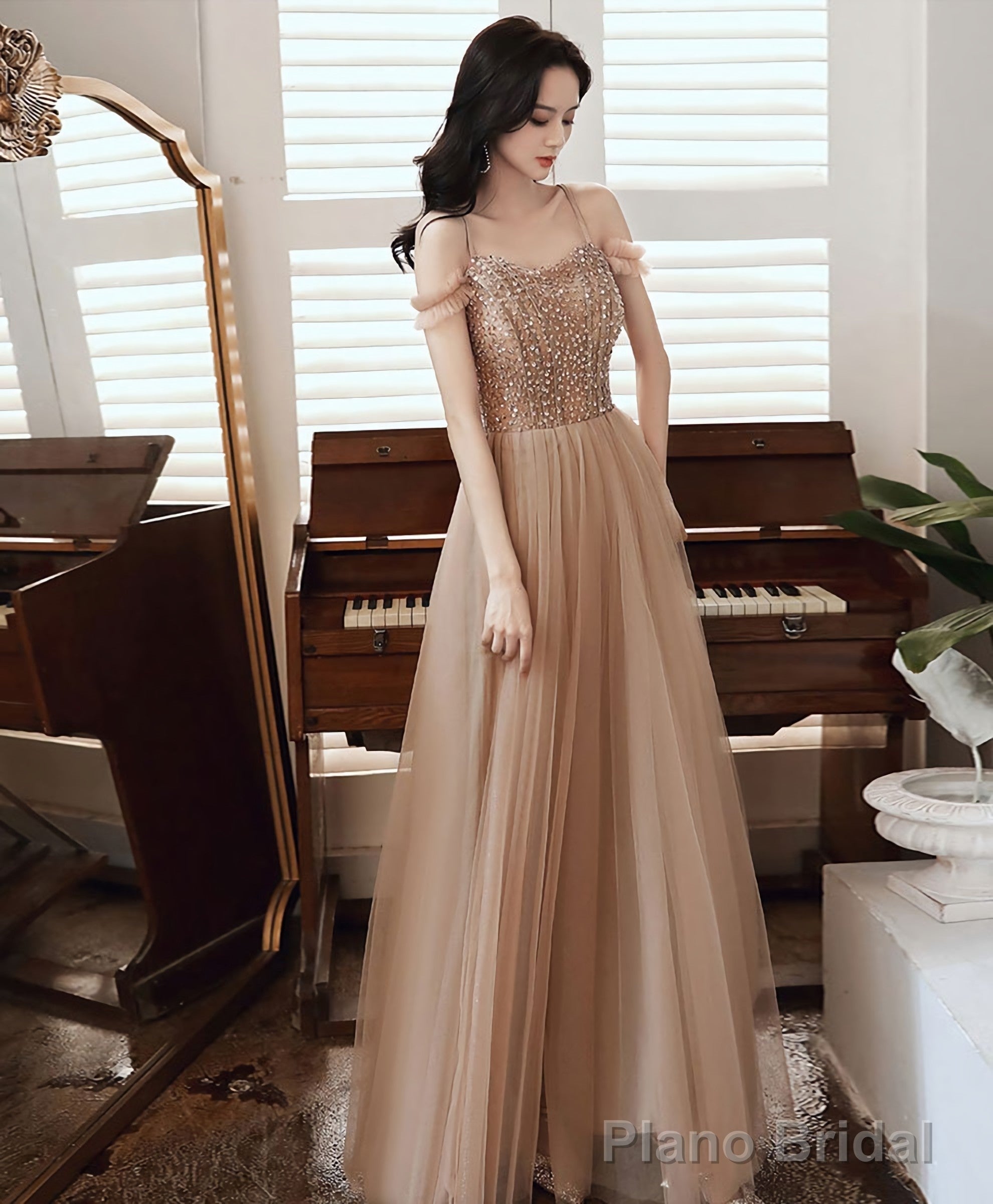 Champagne Sweetheart Tulle Sequin Long Prom Dress