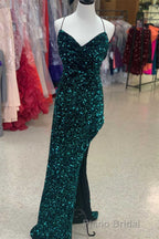 Red Sequin Cowl Neck Lace-Up Back High-Low Formal Prom Dresses
