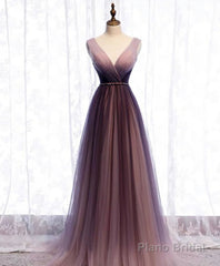 Simple V Neck Tulle Long Prom Dress, Tulle Evening Dress