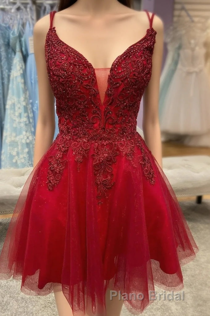 Red Plunging V Neck Lace-Up Appliques Tulle Homecoming Dresses Main image