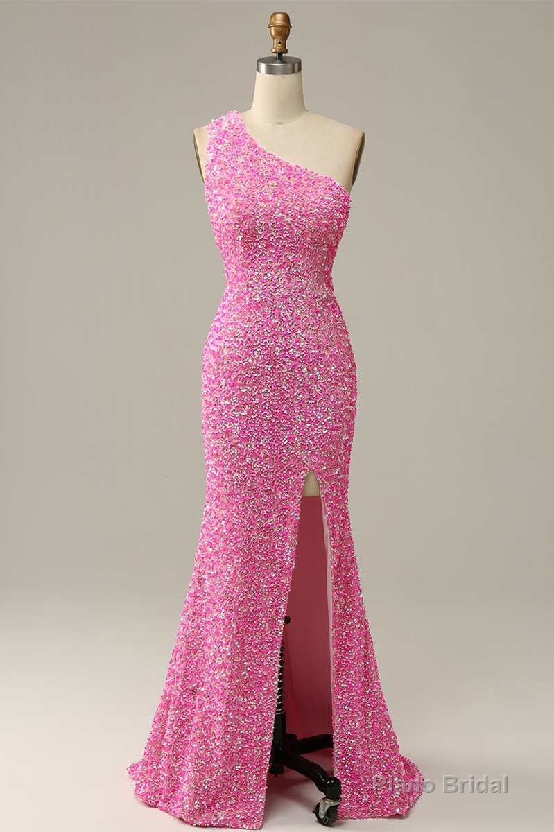 Pink Iridescent Sequin One-Shoulder Mermaid Long Formal Dress with Slit Main image