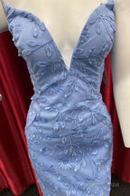 Periwinkle Appliques Plunge V Lace-Up Homecoming Dress