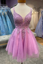 Red Plunging V Neck Lace-Up Appliques Tulle Homecoming Dresses