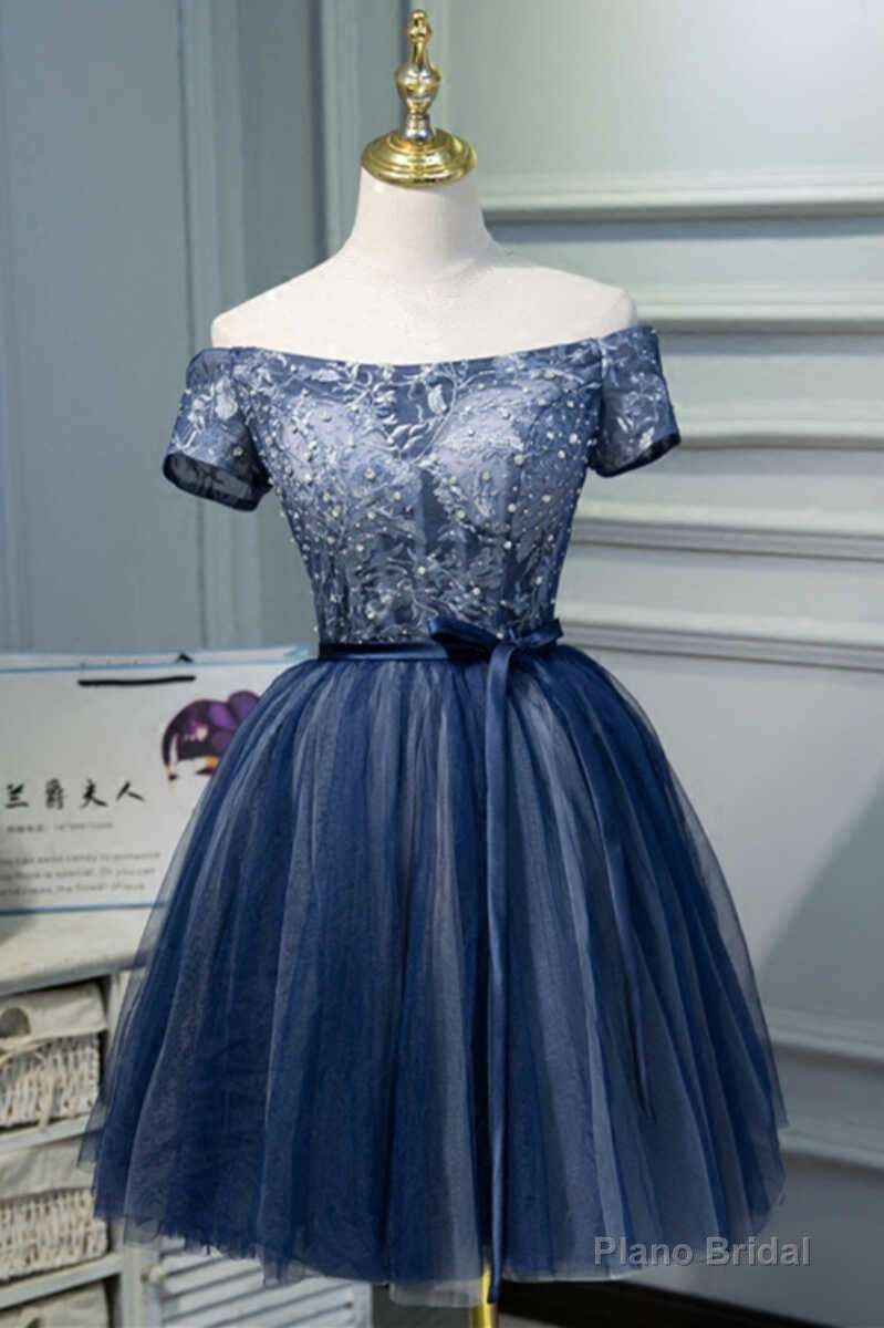 Navy Blue Off-the-Shoulder Beaded A-Line Short Party Dress Main image