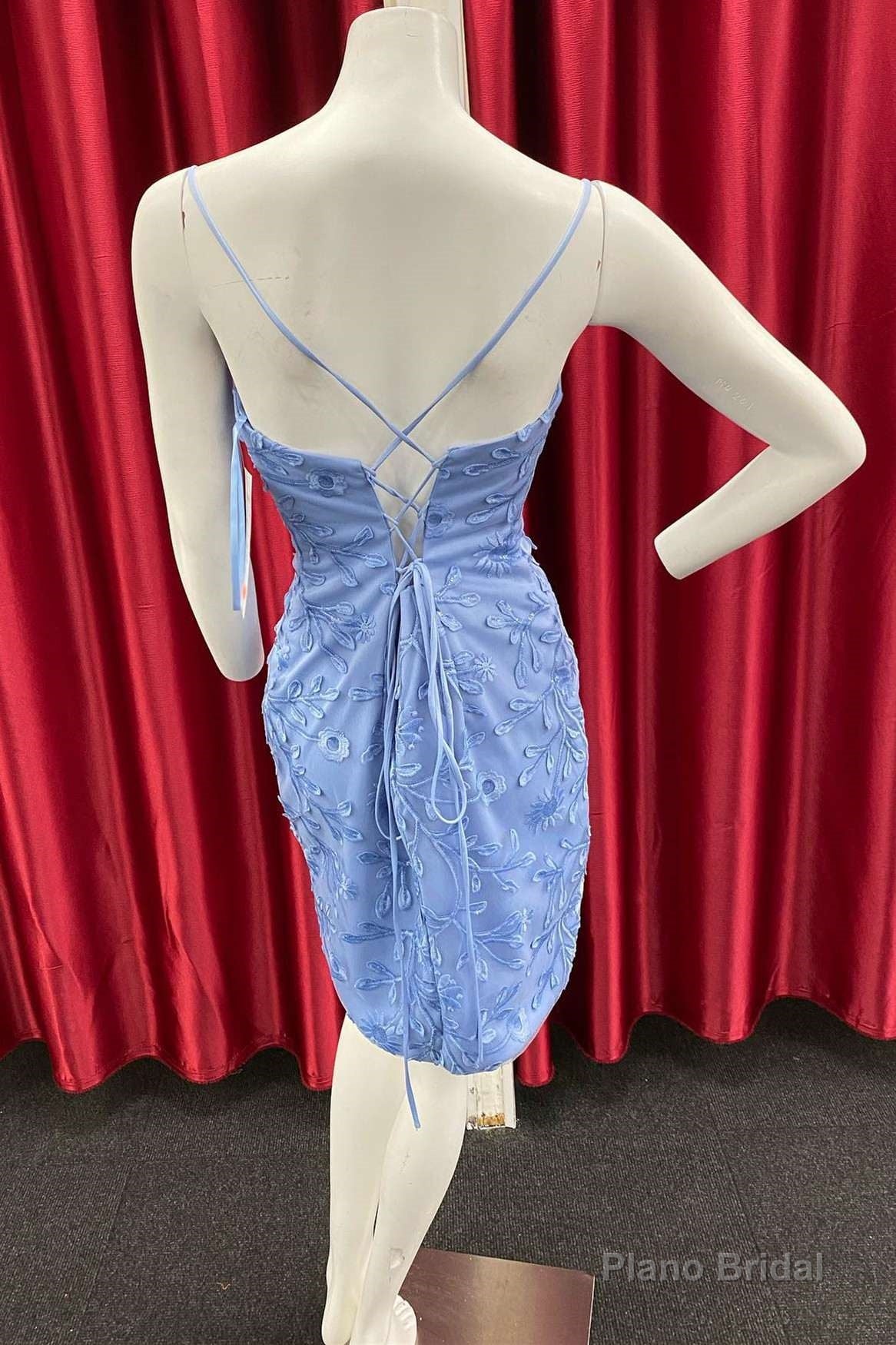 Periwinkle Appliques Plunge V Lace-Up Homecoming Dress Secondary image