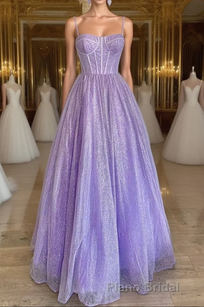 Spaghetti Straps Sparkly Lilac A Line Formal Prom Dresses Sequin Evening Dresses Main image