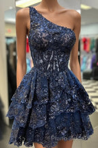 Dark Navy A-line One Shoulder Multi-Layers Homecoming Dresses