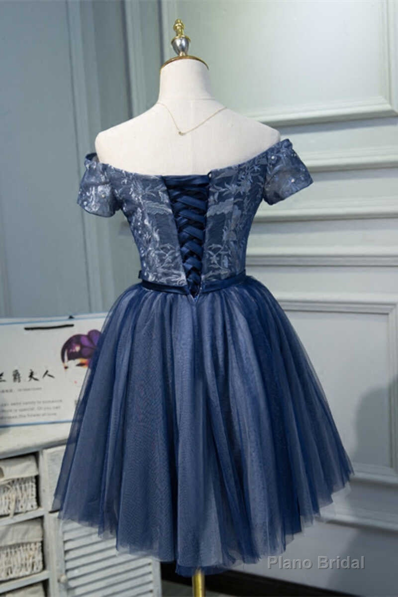 Navy Blue Off-the-Shoulder Beaded A-Line Short Party Dress Secondary image