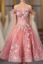 Pink Tulle Lace Off Shoulder Short Formal Prom Dress, Pink Homecoming Dress