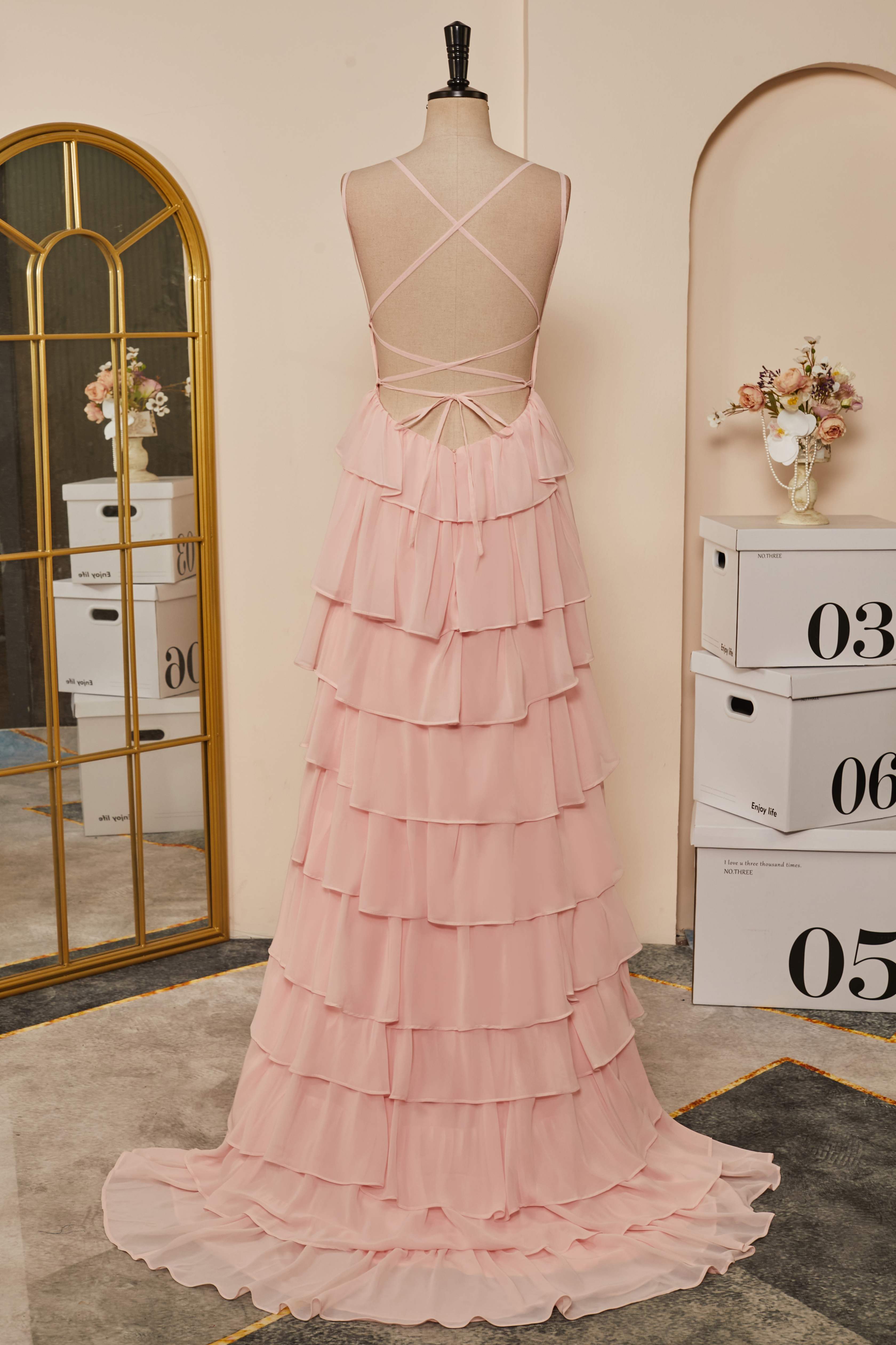 Pink Lace-Up Mermaid Layers Long Prom Dress Secondary image