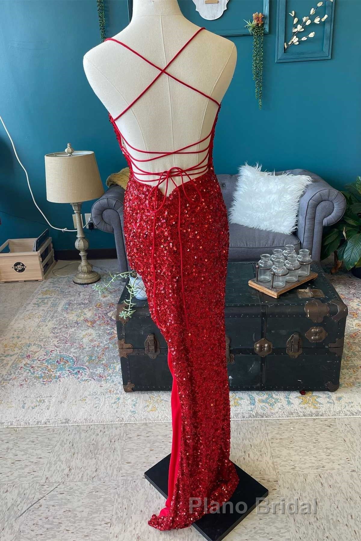 Red Sequin Cowl Neck Lace-Up Back High-Low Formal Prom Dresses